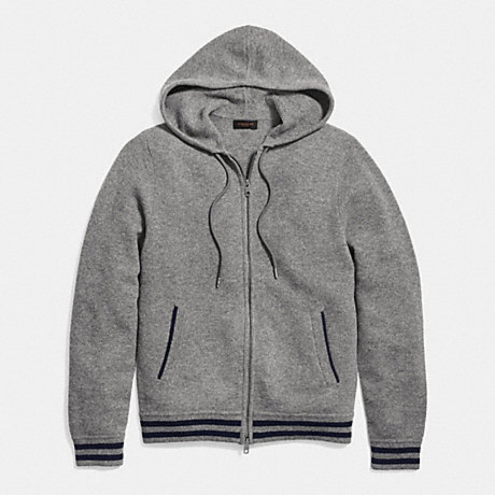 NWT COACH  $350 BASEBALL ZIP HOODY LIGHT GREY 100%MERINO WOOl SZ SMALL